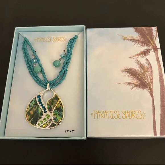 Paradise Shores Blue and Silver Necklace Earring Set Boxed New Beachy Statement - Picture 3 of 3